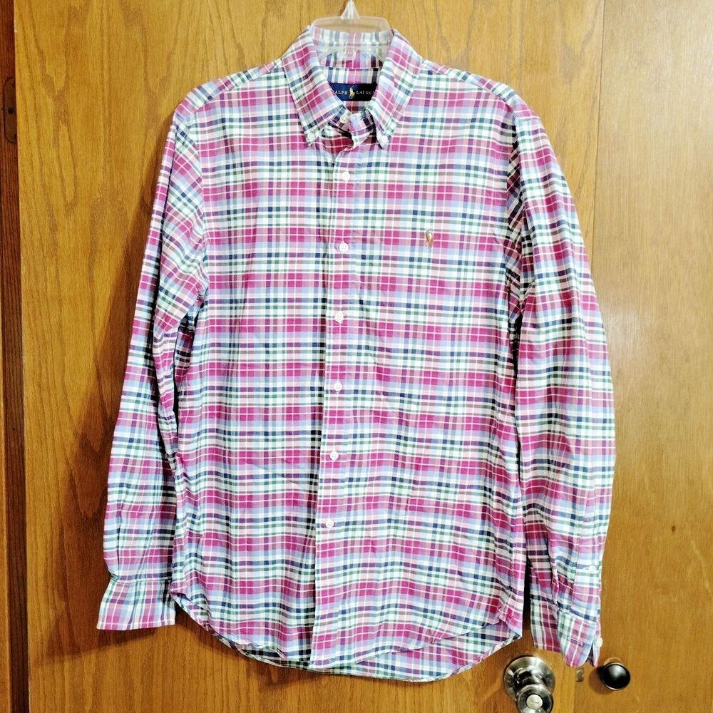 Ralph Lauren MEDIUM Button Shirt Pink Blue Green Plaid Long Sleeve Pony